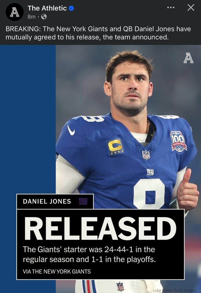 Giants QB Daniel Jones released. 