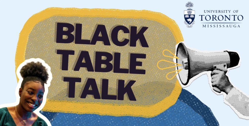 Graphic promoting "Black Table Talk" at the University of Toronto Mississauga, featuring illustrated lightbulbs and a smiling person on the left side.
