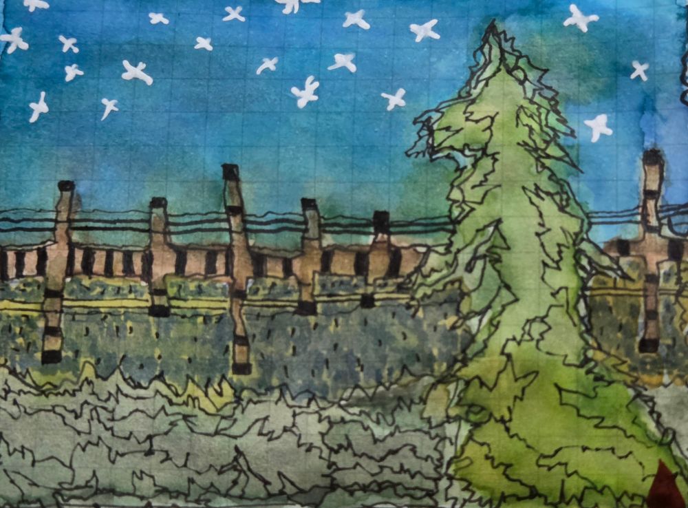 Landscape of long wooden walkway beside tall evergreen off a swampy area under a starry night sky. Watercolors (Woodlands) and Ink on journal graft paper.
