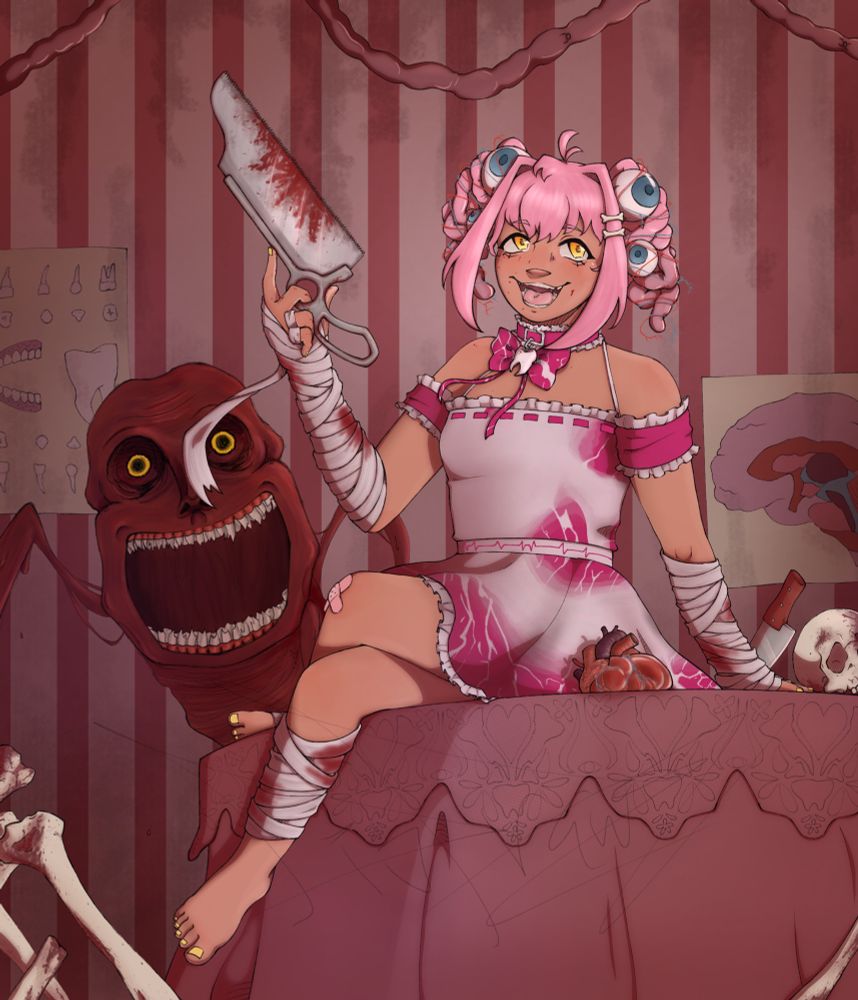 Jasuputings Utau Meaty-Chan sitting on a table with a heart skull and knife surrounded by bones with the monster version of them behind them. Meaty chans also holding a bone saw.