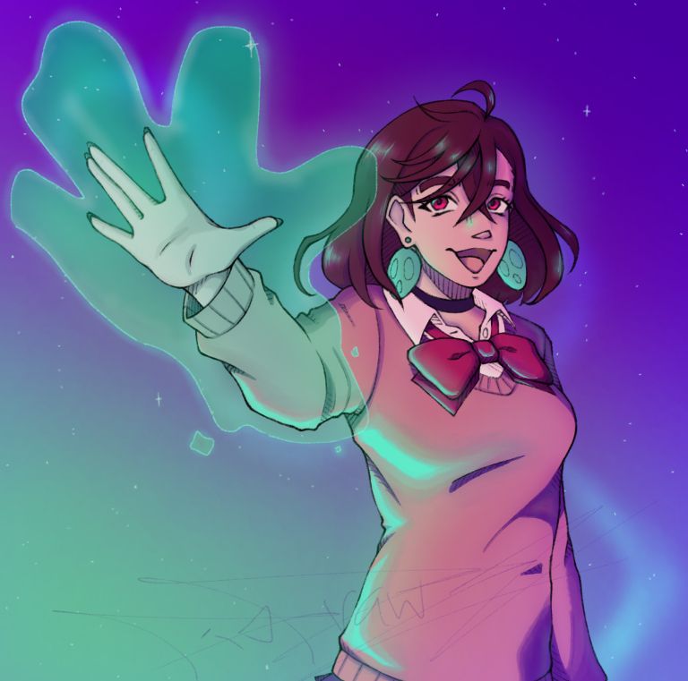 Momo Ayase with her arm raised and the night sky behind her. 