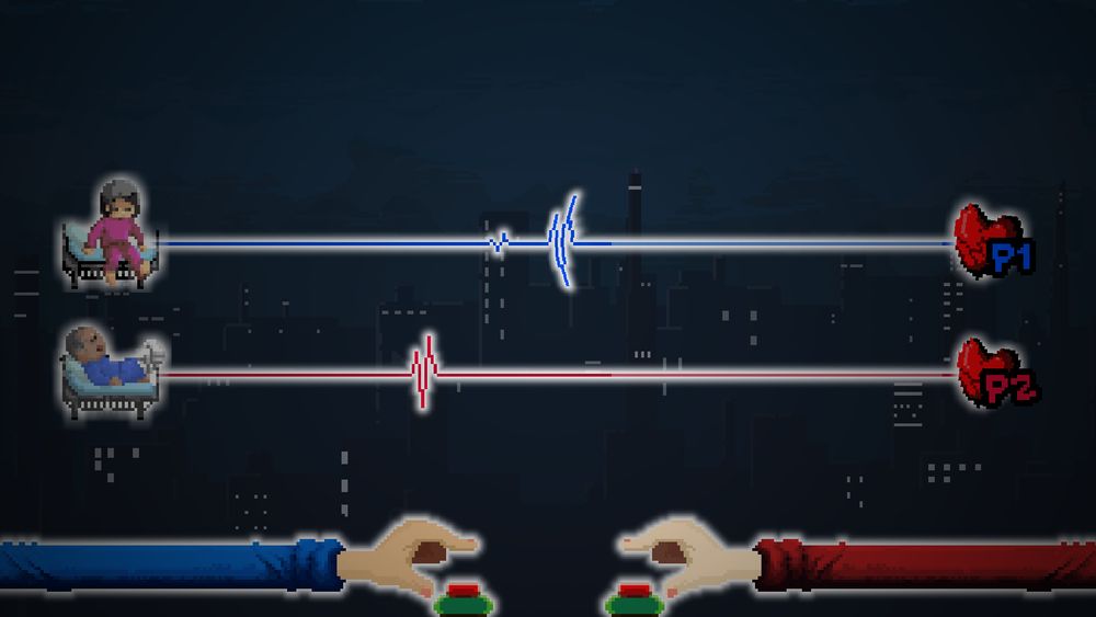 A screenshot of Rhythm Doctor level 3-3 in two player mode. Player 1 controls Mrs. Stevenson and Player 2 controls Mr. Stevenson.