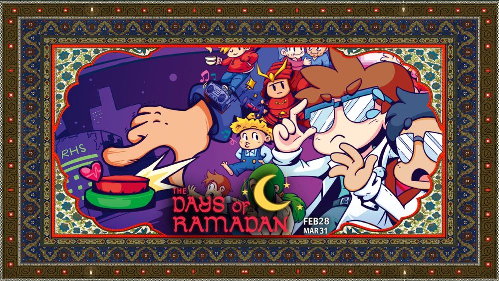 Rhythm Doctor key art wrapped in ornate traditional border. Text reads "The Days of Ramadan" with a crescent moon. February 28 to March 31.