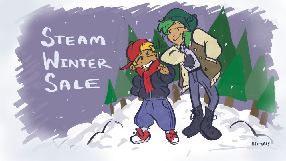 Cole Brew and Nicole Ting stand side-by-side in the snow in winter wear. Cole is wearing a black puffy jacket with a red scarf, Nicole is wearing a letterman jacket with a dark green knitted hat. The words "Steam Winter Sale" hang in the sky.