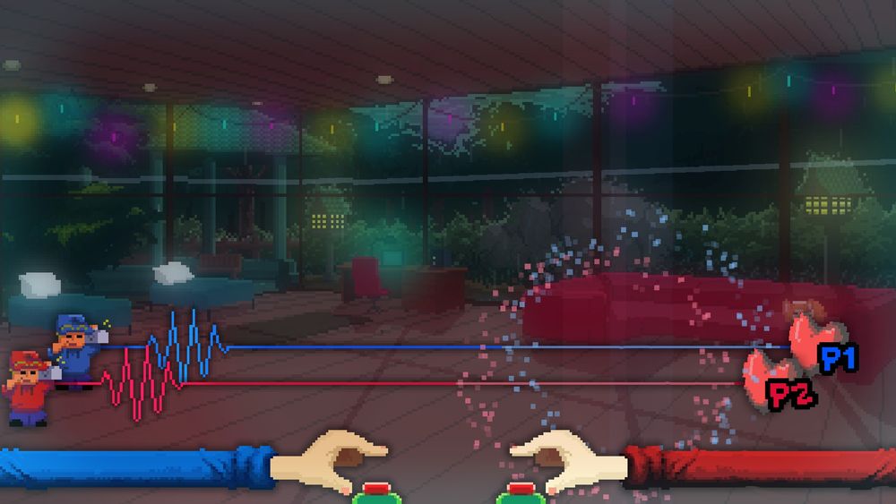 A screenshot of Rhythm Doctor level 2-1 in two player mode. Player 1 controls Cole Brew in a blue hoodie, Player 2 controls Cole in a red hoodie.