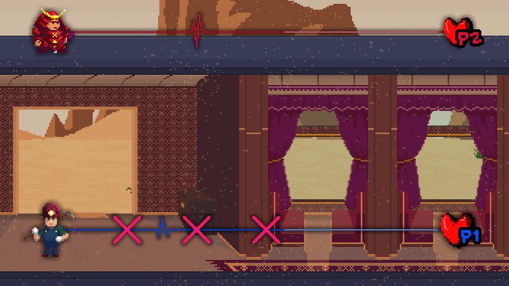 A screenshot of Rhythm Doctor level 4-1 in two player mode. Player 1 controls Samurai, riding on the top of the train. Player 2 controls the Miner, standing inside the train.