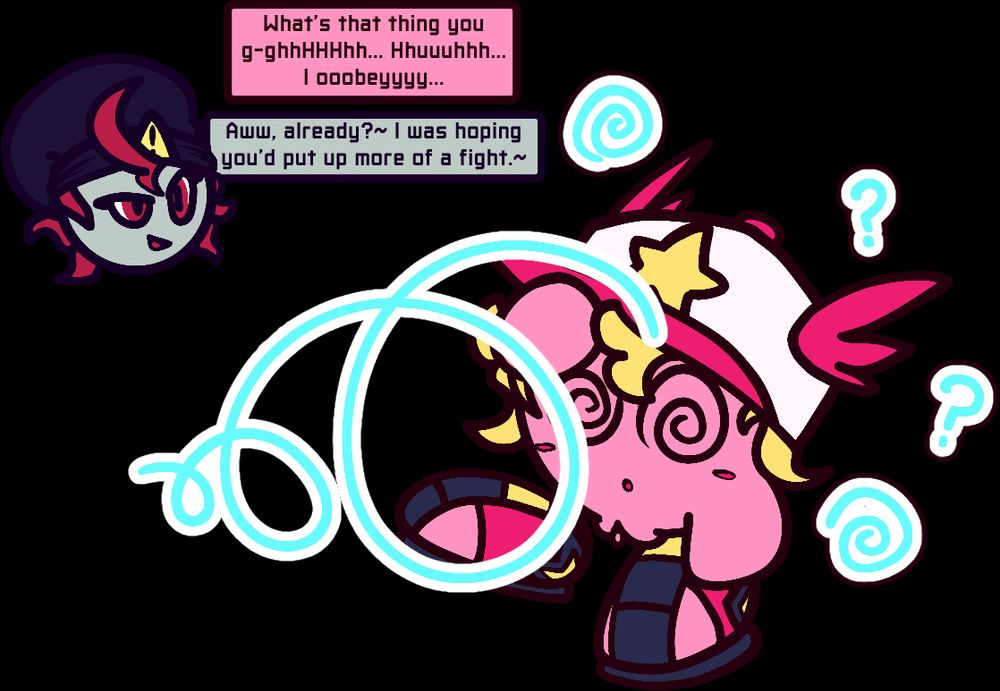 Wakana (OC) being hit by a blue, spiraling ray beam from the new Dizzy Ray item in Kirby Air Riders.

Wakana: "What's that thing you g-ghhHHHhh... Hhuuuhhh... I ooobeyyyy..."

Biodox: "Aww, already?~ I was hoping you'd put up more of a fight.~"