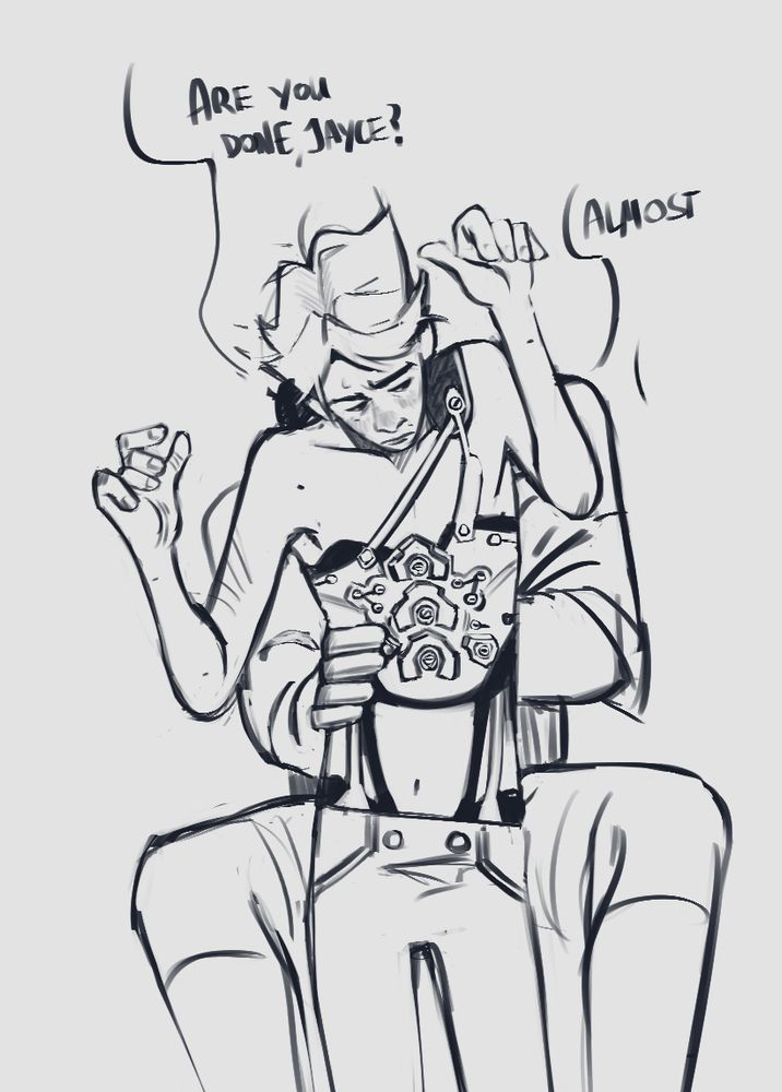 Digital ink drawing of Viktor standing with Jayce behind him, sitting, probably working at his back brace. Viktor asks ‘are you done Jayce?’ Jayce answers ‘Almost’