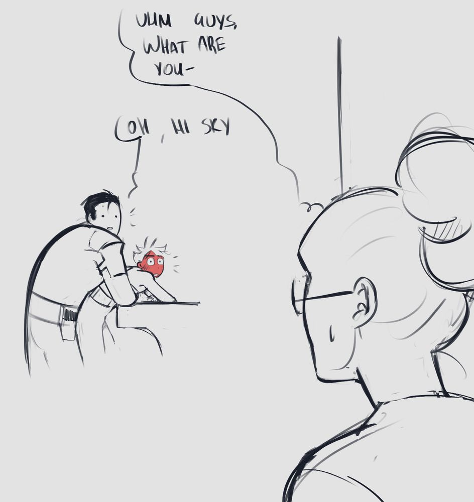 Sky enters in the room, because she has heard some strange sounds and find them in that very compromising position, Jayce totally blank face (his eyes are just two dots) and Viktor’s face is red as a tomato. She says ‘Uhm guys, what are you-‘ and Jayce just says ‘oh hi Sky’. Poor Viktor.