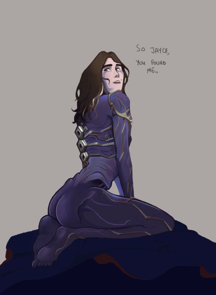 Cult leader viktor naked, sitting on his butt and a smirk on his face. He says “so Jayce, you found me”