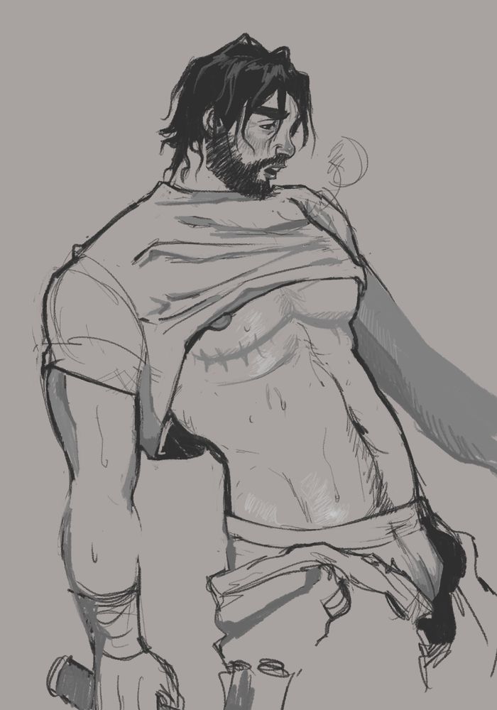 sketch of trans Jayce covered in sweat with a shirt slided up on his chest