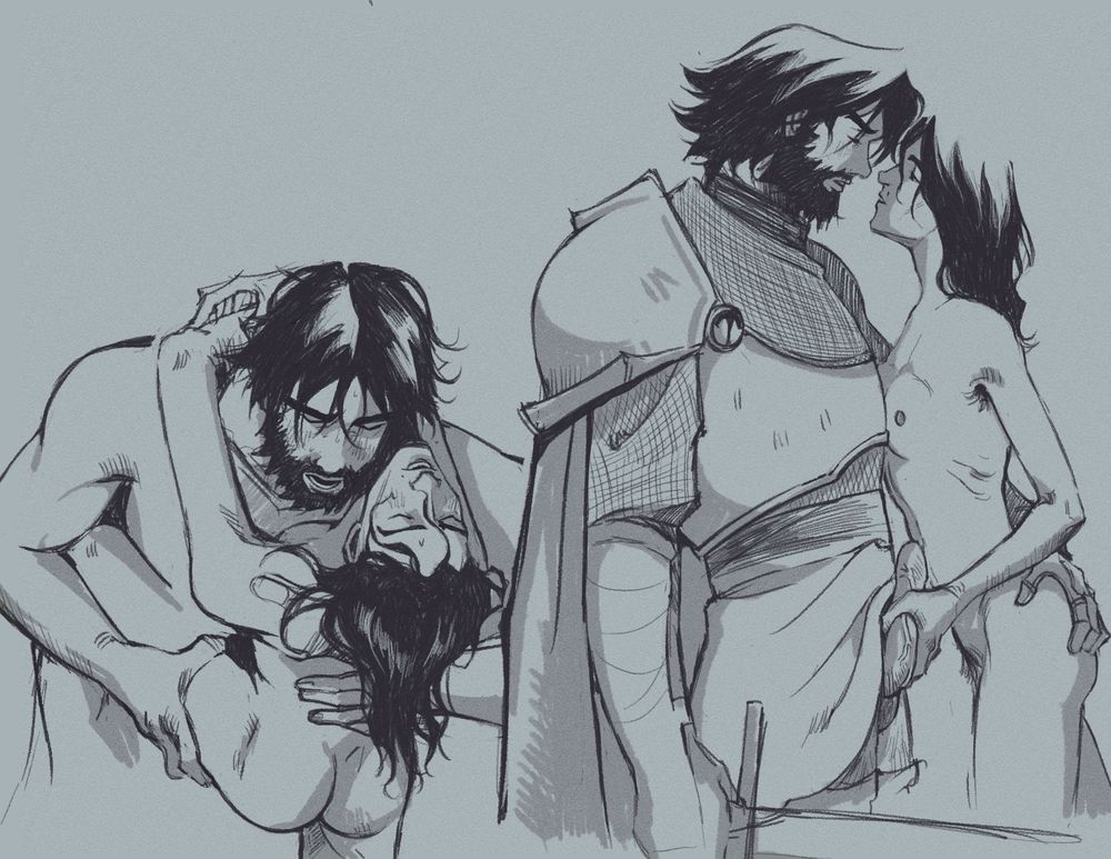 two sketches, the one on the left is jayce on top of viktor and the one on the right is knight jayce and viktor stroking his dick