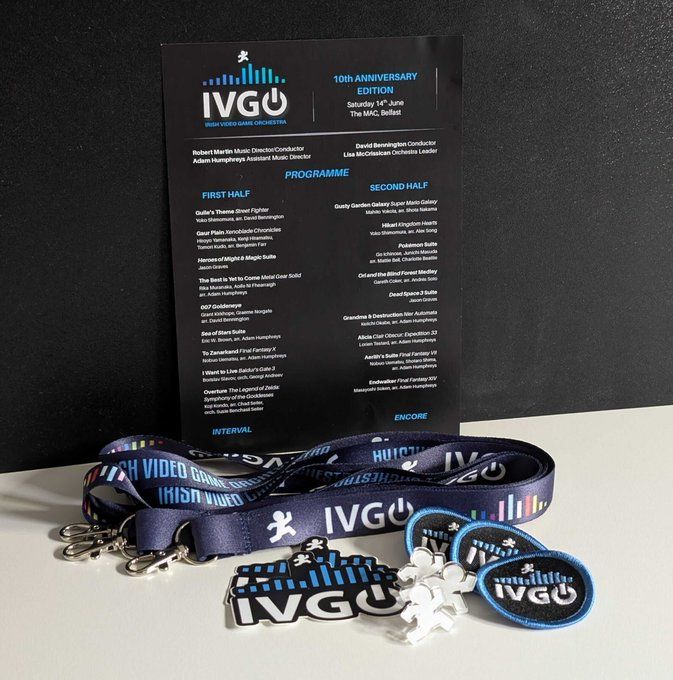 Irish Video Game Orchestra set list for 10th anniversary concert with merchandise in front