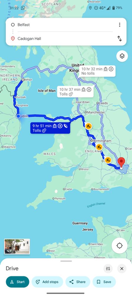 The full route on a map from Belfast to London