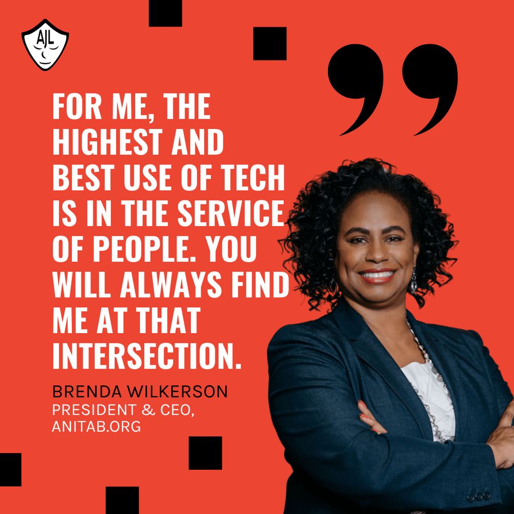 Brenda Wilkerson stands confidently with arms crossed in a navy blazer, smiling in front of a bold red background with large black quotation marks. The quote reads: “For me, the highest and best use of tech is in the service of people. You will always find me at that intersection.” Her name and title, President & CEO, AnitaB.org, are listed below. The AJL logo is in the top left corner.