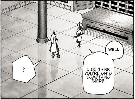 A panel from Chapter 45 of Foul Detective Satori where the camera pans out to reveal Miko and Futo are standing from afar. Miko says, "Well, I do think you're on to something there." Futo is responding with just a question mark in her speech bubble. Both Miko and Futo's skirts are now below the knee, compared to earlier in the chapter where tehy were shown to be above the knee. Noteworthy is that Futo's pony tail has, also, gotten longer between shots and now stops at the end of her back.