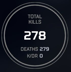 A screenshot of my count of kills and deaths for the current season of Apex Legends. It lists 278 kills, 279 deaths, and erroneously displays the KDR as zero.