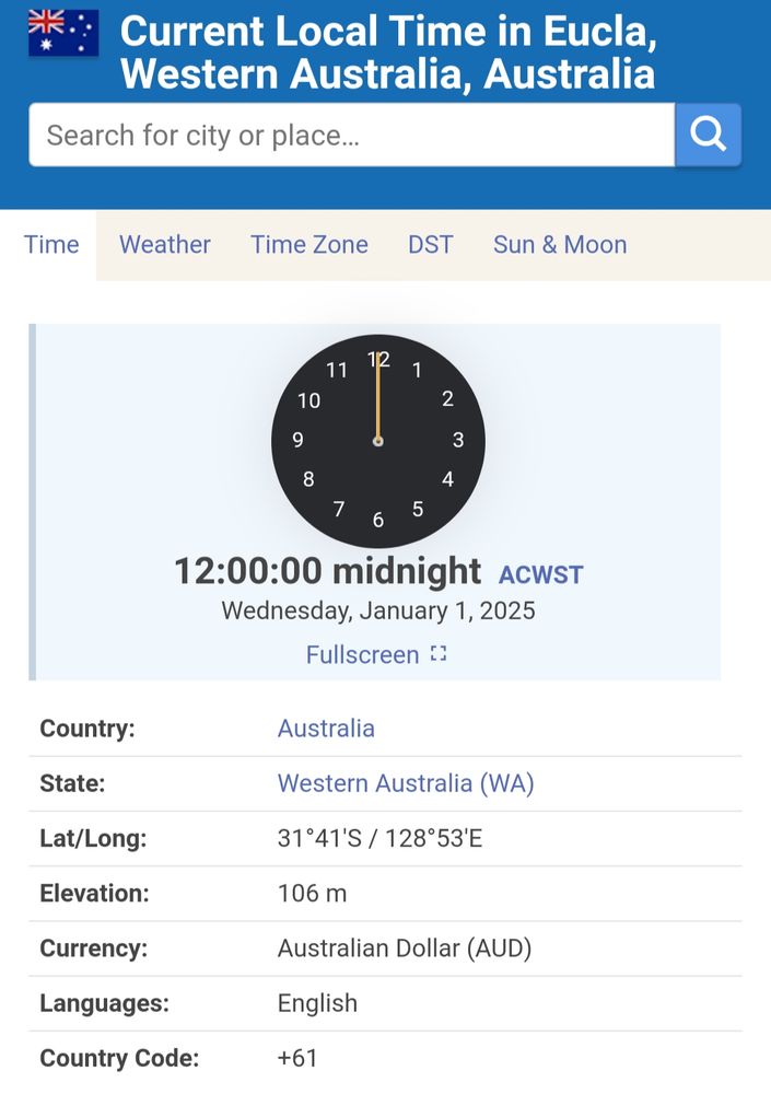 A screenshot of timeanddate.com showing the current local time in Eucla, Western Australia, the clock shows that it is exactly midnight on January 1st, 2025
