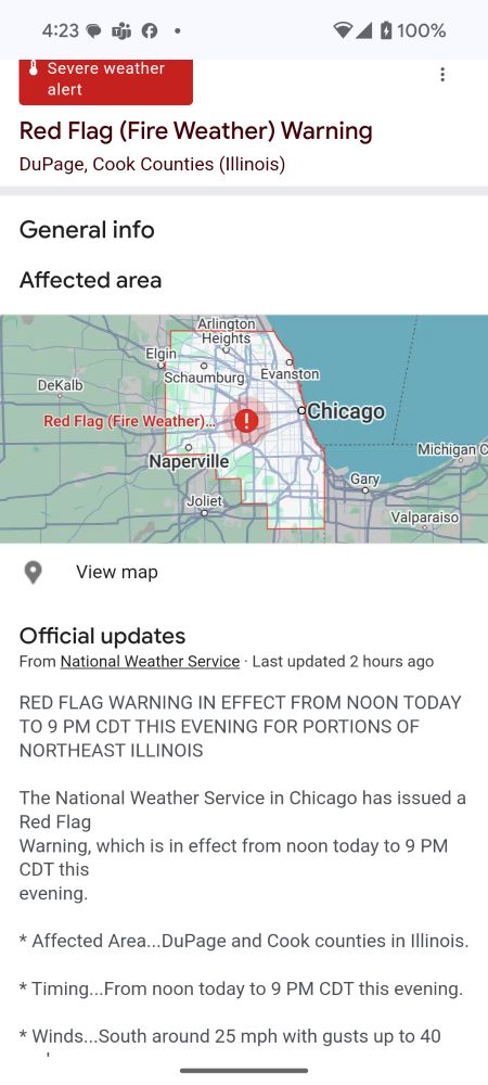 The National weather service has issued a red flag/fire weather warning for Chicago?