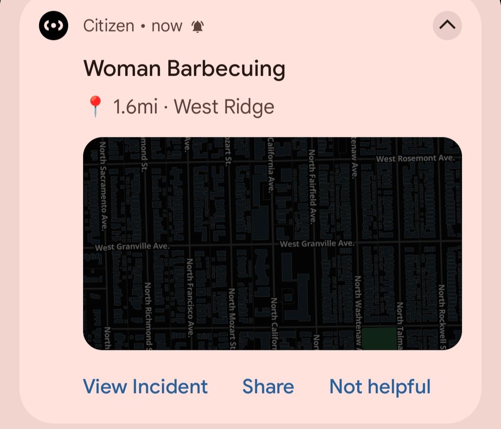 Screenshot from a notification from the citizen app, titled "woman barbecuing."