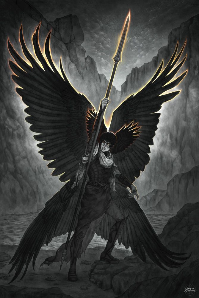 A black and white illustration of a male-presenting seraph. He has medium skin, black hair, and six black wings. He is wearing black armor with an eye motif and he is holding a long polearm above his head. Fire is coming off of his wings, hands, and weapon, and he is yelling. There are cliffs and broken architecture in the background.