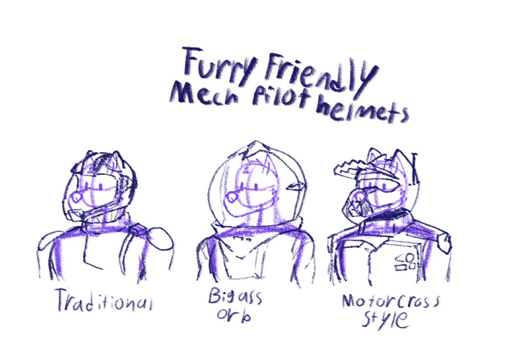Three drafts of mecha pilot suits, focusing on their helmets, mainly focusing on a traditional one, a big orb shaped one, and one based off of motorcross helmets.