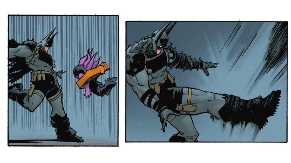 Two panels of Absolute Batman winding up and punting a small costumed child