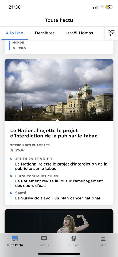 Photo avec les résultats des décisions du conseil national suisse. Pas d’interdiction de la pub pour le tabac