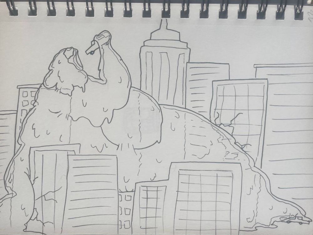Bea as a huge radioactive slime monster eating a city
