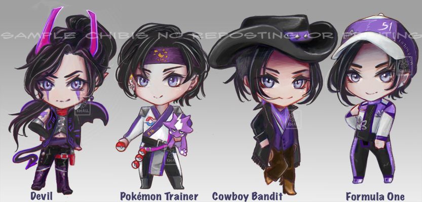 Chibi Jiang cheng AUs, Devil with pink horns, pokemon trainer with a toxel, cowboy with a black hat and formula one with a racing suit and hat pointing to himself
