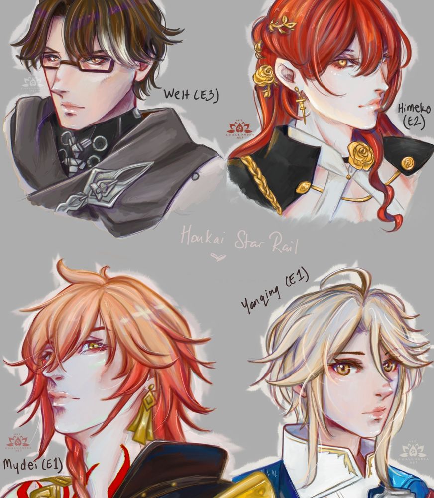 Headshots of Honkai Star Rail characters with eyecontact.
Welt Yang, Himeko, Mydei (looking away) and Yang Qing