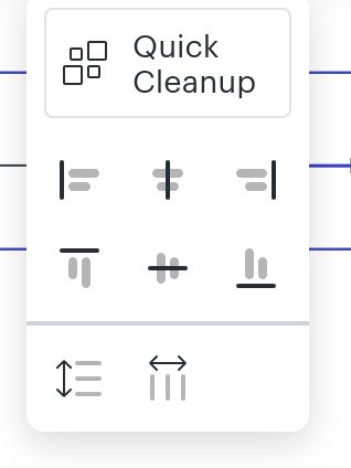 The context menu from LucidChart when you go to align items. It contains clear icons for aligning left, center, right, by top, by middle, by bottom, and a clear icon for distributing vertical and horizontal space.