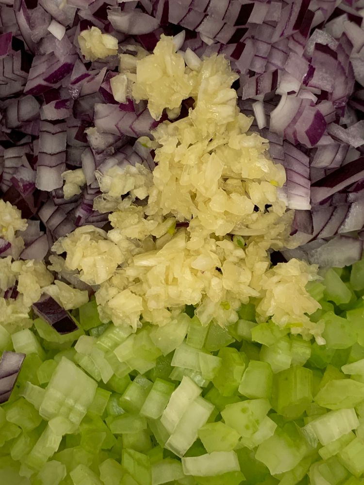 Finely chopped celery, purple onion, garlic