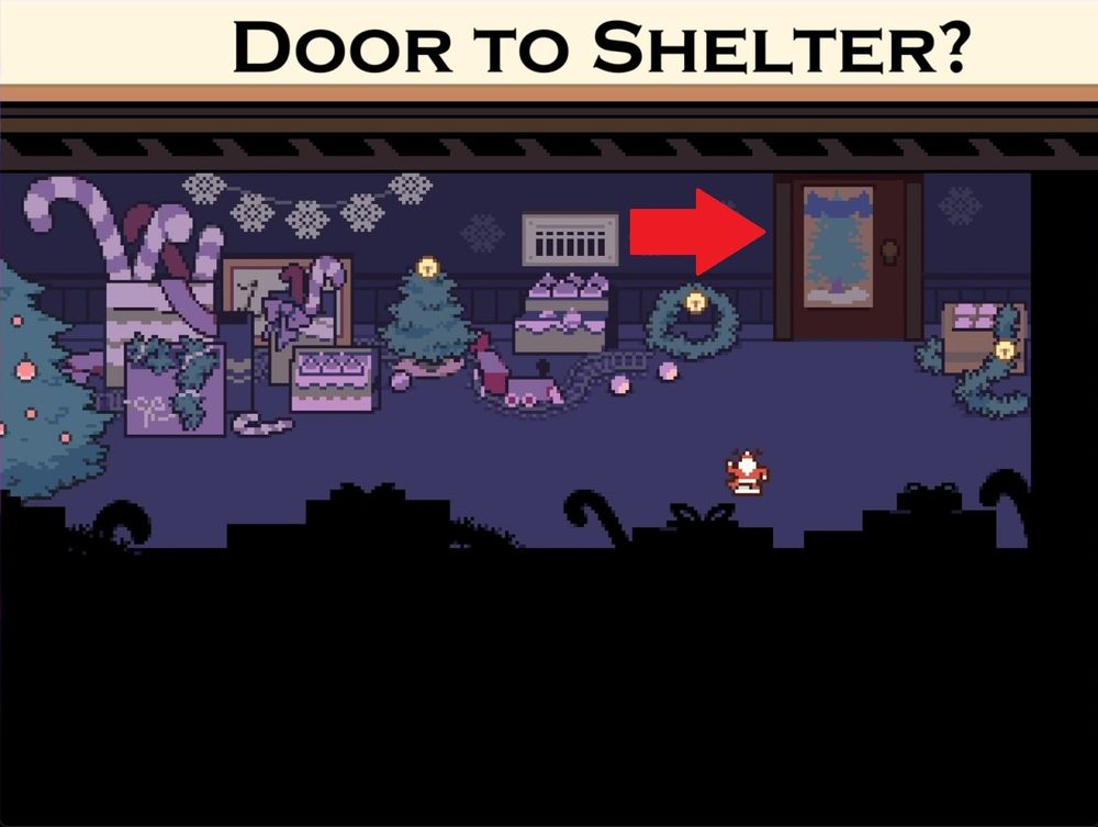A screenshot of DELTARUNE Chapter 4. The Holiday Mansion basement has a door we can not open, maybe it leads to the Shelter?