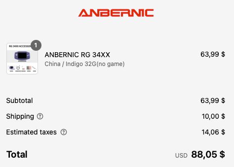 Order confirmation shipping RG34XX handheld to Germany for US$88.