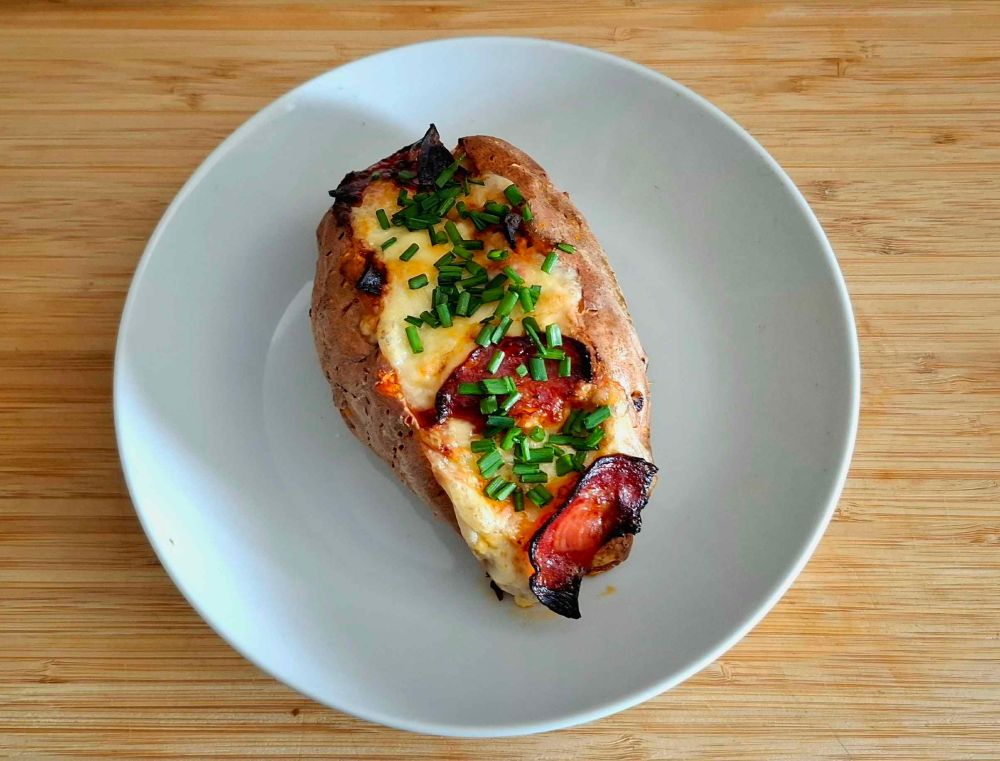 Chorizo and smoked raclette cheese stuffed sweet potato