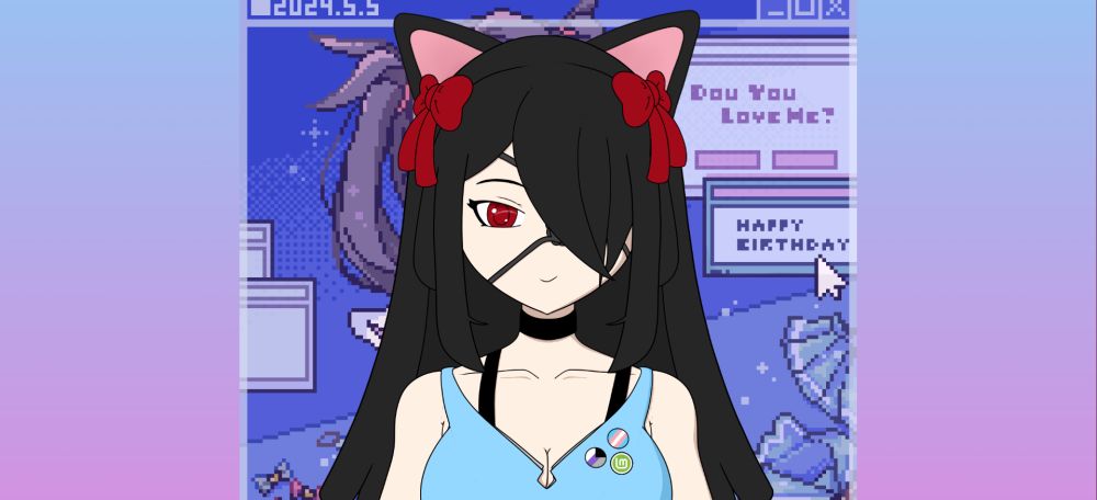 My avatar with catgirl ears. They have physics and bounce a litttle when I talk. They match my black hair color and are pink inside~