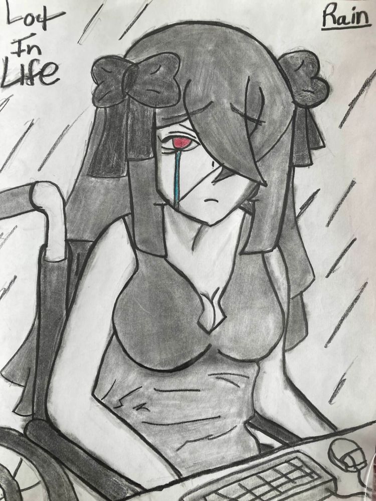 A drawing of my character sitting in a wheelchair in front of a computer desk. She has a tear rolling down her cheek. The drawing is titled "Lot in Life".
