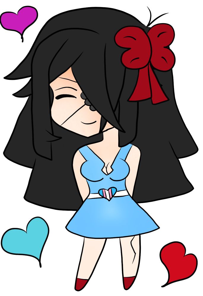 A drawing of my avatar in chibi style with my blue drewss and little red bow. I added some hearts around her.