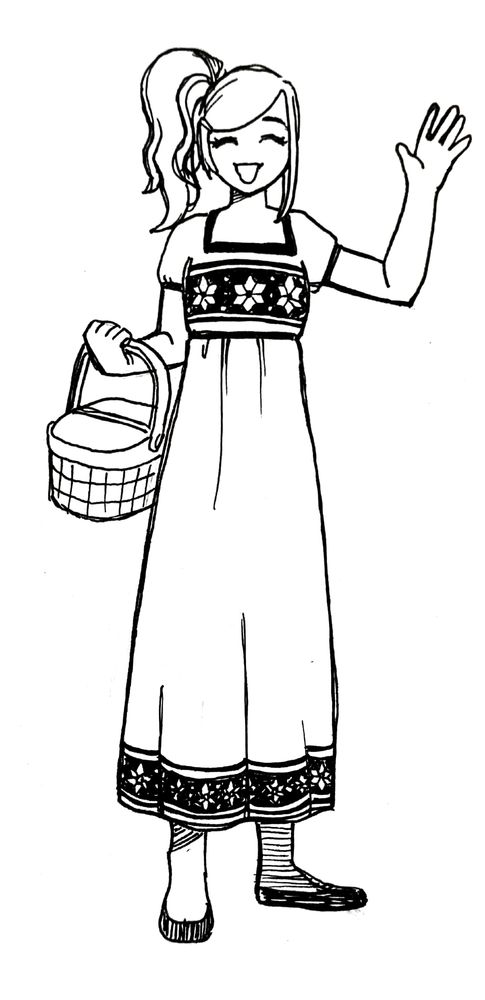 Ink drawing of Susan in a sun dress carrying a picnic basket. She is waving at the viewer.