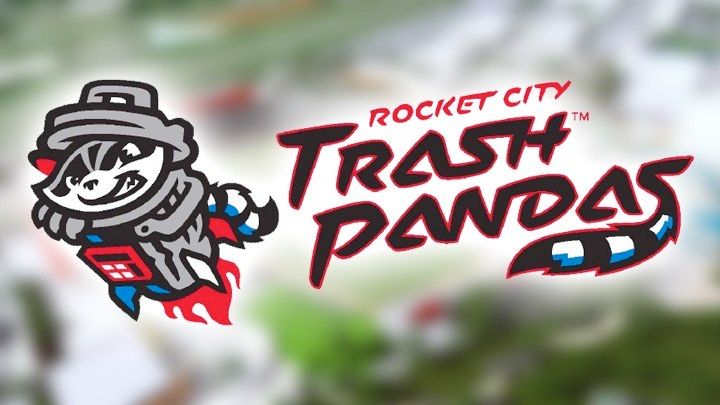 The logo for the Rocket City Trash Pandas, which features a racoon riding in a track can rocketship. Also the S in "Pandas" has a raccoon tail.