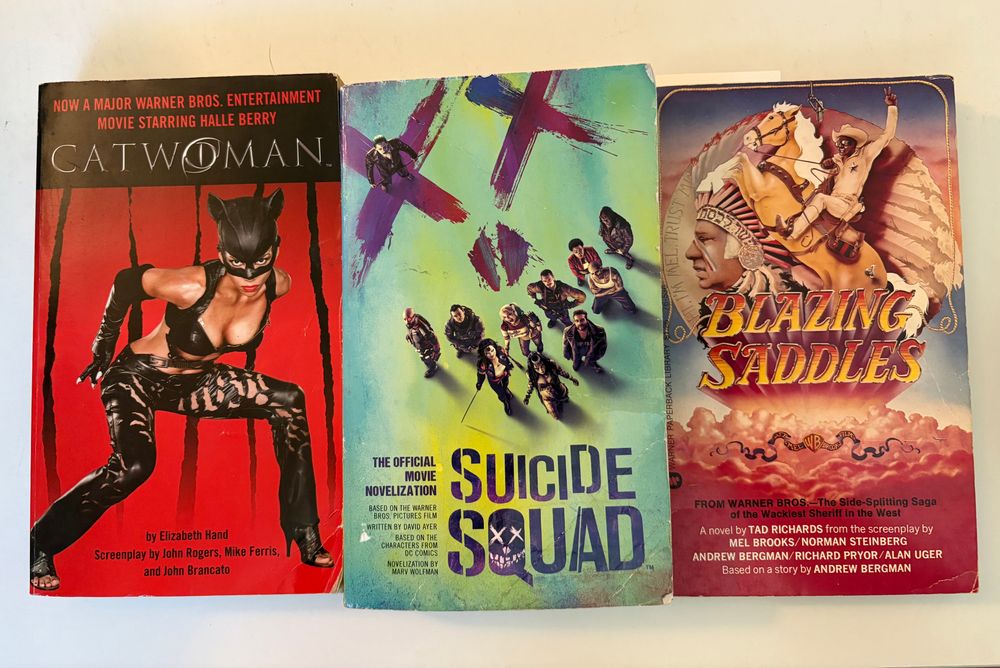 Side-by-side, the novelizations of Catwoman, Suicide Squad, and Blazing Saddles!