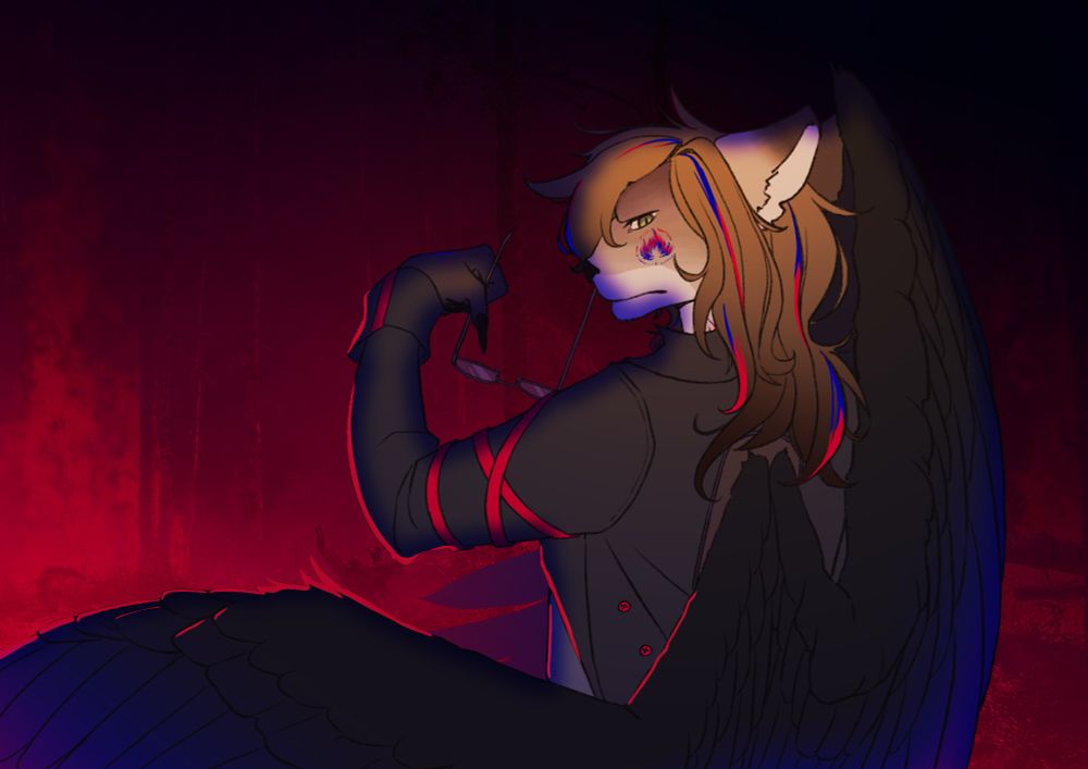 Soutsu Nareta in his punishment form, side profile looking at the camera while taking off his glasses. A forest fire is happening behind him, seemingly the consequences of his wrath.
