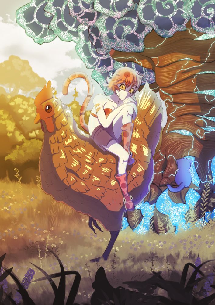 A fanart about Maliki's universe where the character Savage Ladybird is chilling on a giant chicken in Maliki's garden, with a weird (but important) tree glowing in the background