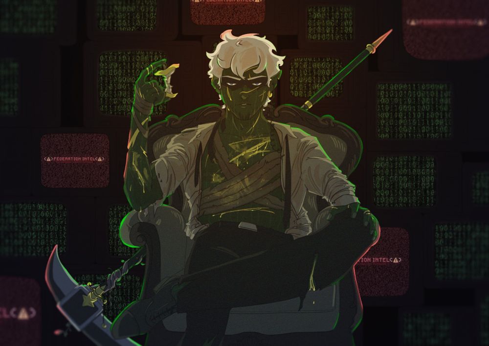 q!Etoiles after the fights with the codes during the presidentials arc, sitting on his throne, wounded, bleeding gold blood, healing himself with golden apples. Behind him, there's screens showing both "evil" sides : codes & federation.