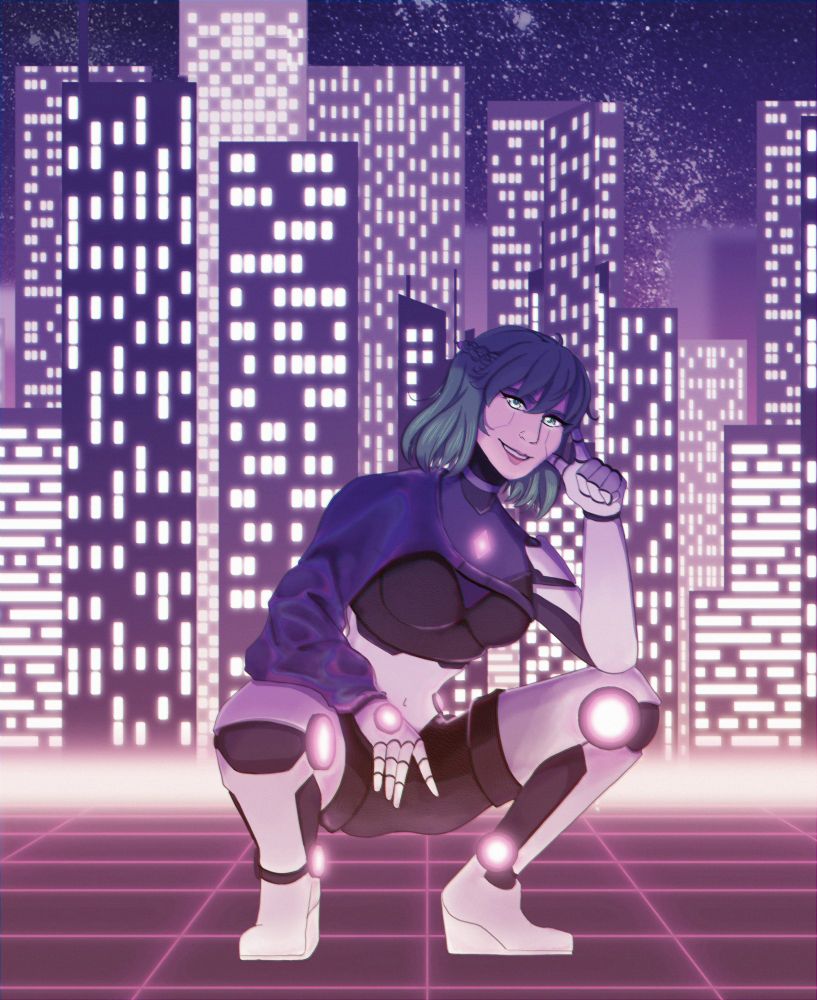 Fanart of @angelvayuu.bsky.social where she poses in a retrowave inspired background