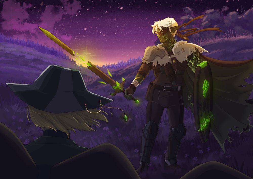 Fanart of q!Etoiles and q!Philza at the moment where Etoiles finaly received the broken code's sword, making him the true warrior