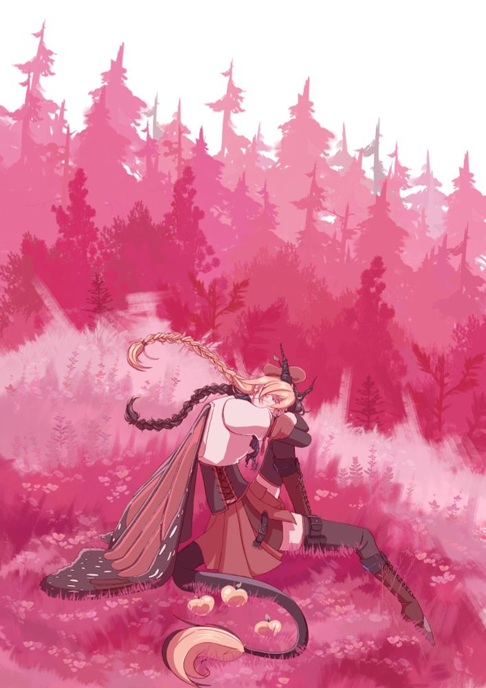 Lumi/s!pomme in her adult version, chilling in a dreamy/fairy pink landscape