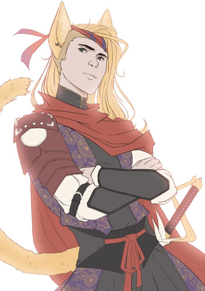 Commission for Liaal, half waist illustration of a cat man in a japanese like style outfit, looking at you in a defying maner, arms crossed