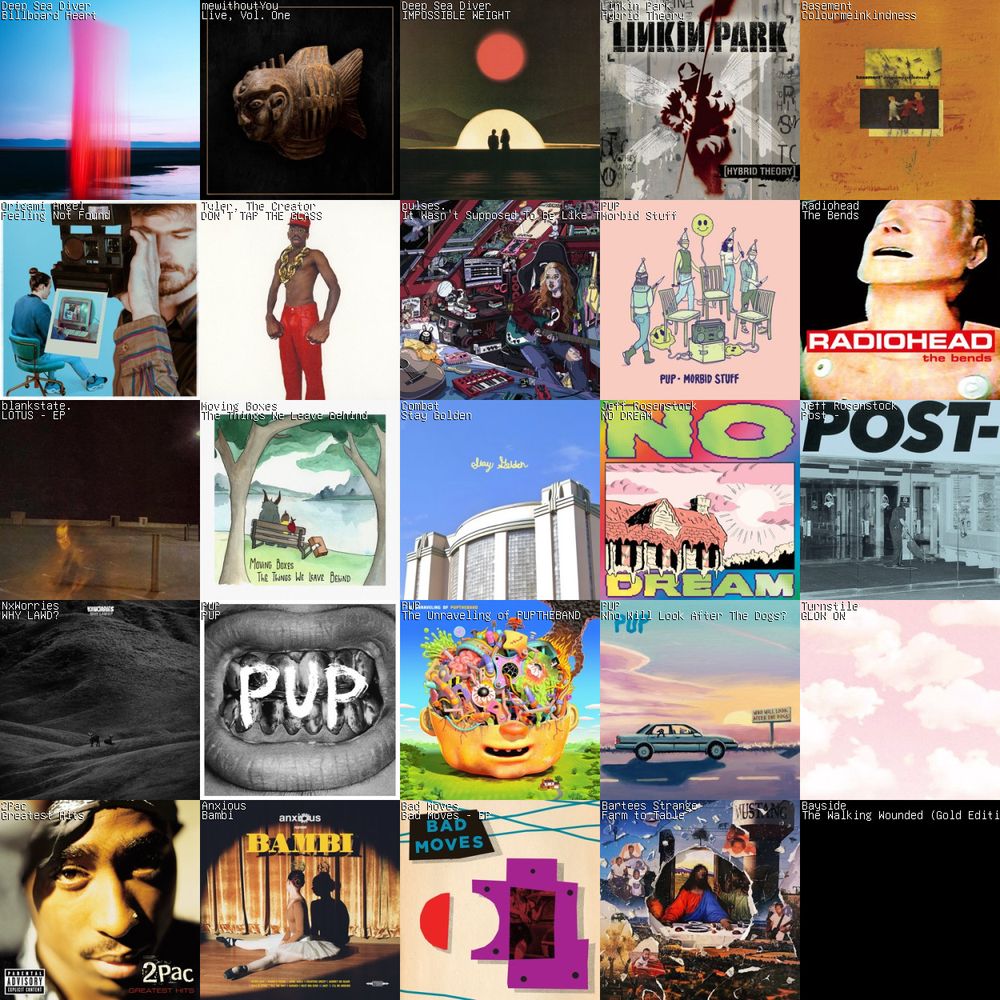 a 5x5 grid of my most listened to music from the past week, featuring a lot of Deep Sea Diver, PUP, and local North Carolina bands